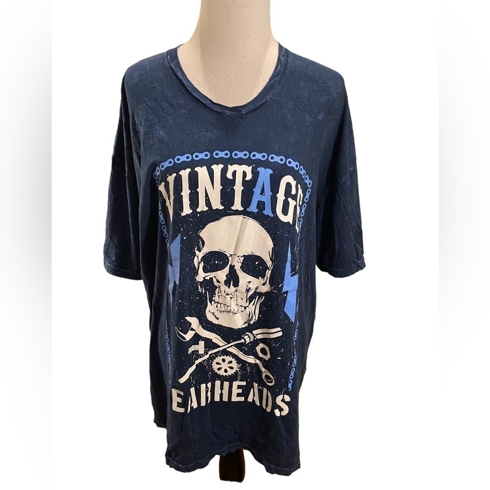 Shirts Happen Vintage Gear Head Blue with White Graphic Skull Tee Shirt Size 2XL